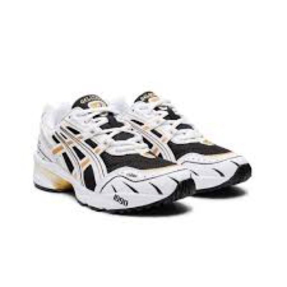 Asics Black and White Running Shoes with Gold Highlights